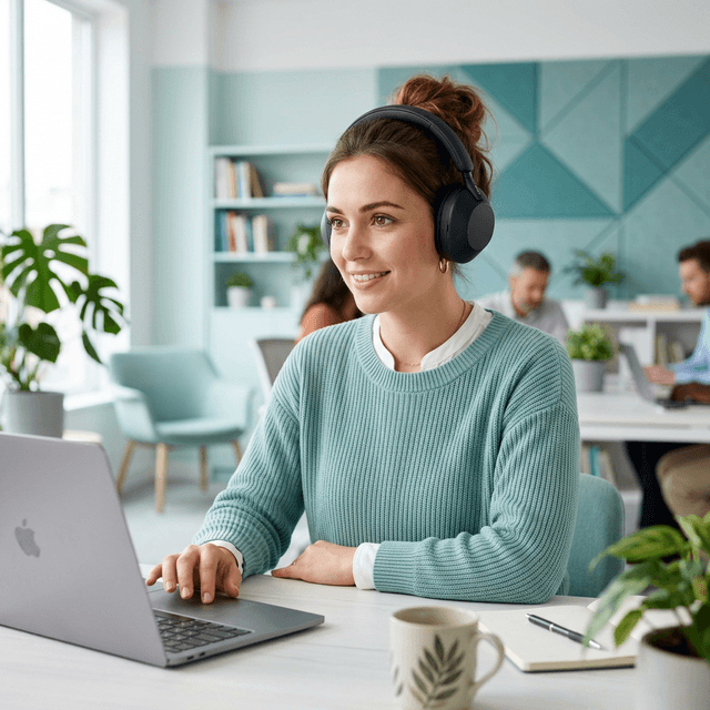 Woman with headphones taking English test